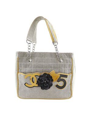 Chanel Camellia NO5 Chocolate Bar Chain Tote Canvas Gray Yellow Bag
